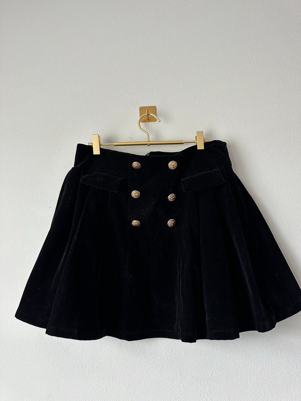 Cider Black Velvet Pleated Mini Skirt Gold Crest Buttons Military Preppy XL